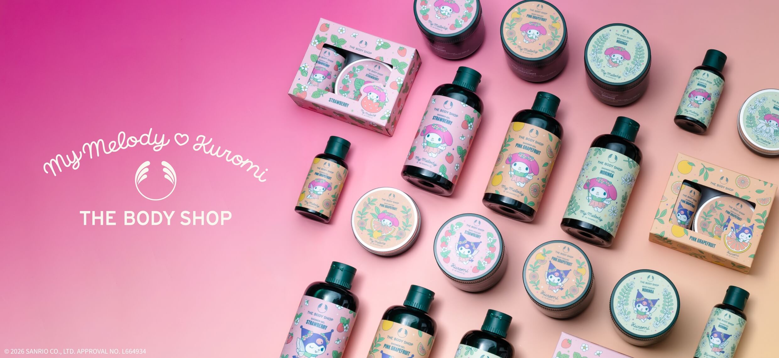 My Melody ♡ Kuromi �~ THE BODY SHOP ©︎ 2026 SANRIO CO., LTD. APPROVAL NO. L664934